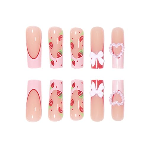 24Pcs Long Press on Nails Square Fake Nails White French Tip Glue on Nails Cute Heart Bowknot Charm Stick on Nails with Strawberry Pattern Designs Acrylic Nails for Women Nails Decorations - Image 4