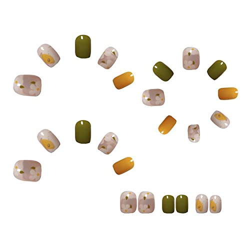 24 Piece Short Yellow Green Summer Flower Press On Nails Acrylic Manicure Kit for Women Girls - Image 2