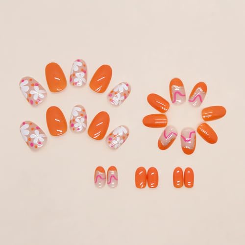 Flower Press on Nails Short Fake Nails, 24Pcs Oval Nails Cute Design Glue on Nails Glossy Orange False Nails Spring Summer Nail Art Decorations Short Almond Acrylic Nails for Women Girls - Image 4