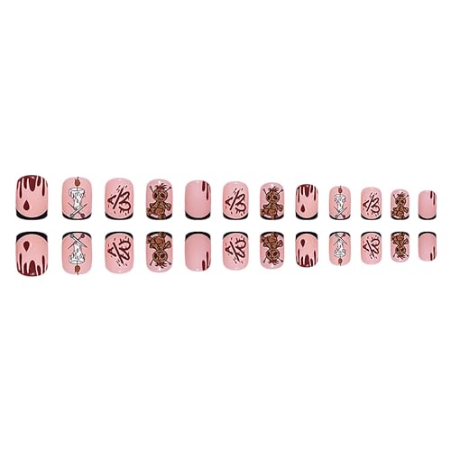 Halloween Short Square Press on Nails SWEKKE French Tip Fake Nails Blood Full Cover Toy Bear Heart False Nails with Designs Glossy Glue on Nails Artificial Acrylic Nails for Women Girls 24 Pcs - Image 2