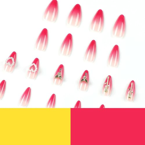 24 Pcs Red Ombre Press on Nails Short Stiletto Almond - YEFIUO Winter Fake Nails Press ons French Nail Tip with Nail Charms Rose Design Full Cover Festive False Nails Glue on Nail Acrylic Nail Art Kit - Image 3