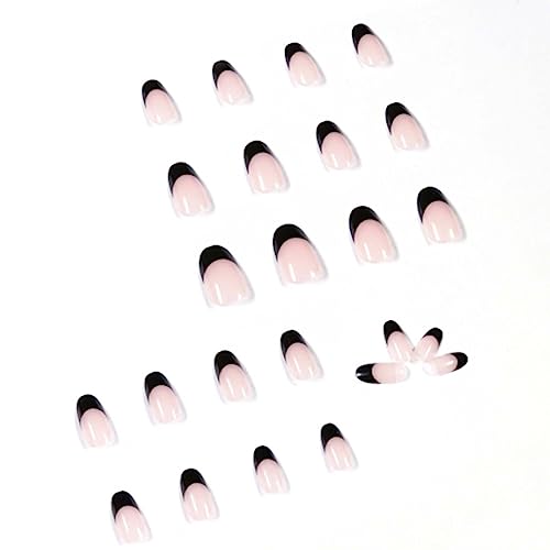 Black French False Nails Short Almond Press on Nails Cute Nude Nails Tips Acrylic Full Cover Fake Nails for Women and Girls 24Pcs - Image 2