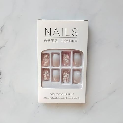 White Press on Nails Medium Square - Valentine's Day Fake Nails White Ombre False Nails Press ons With Cute Flowers Designs Nail Tips Full Cover Acrylic Glue on Nails for Women DIY 24Pcs - Image 5