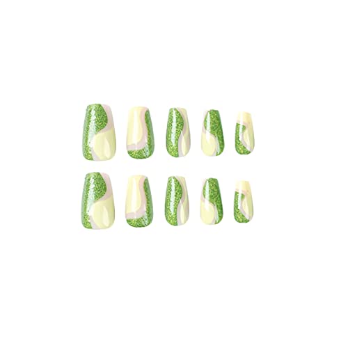 BABALAL Press on Nails Medium Coffin Fake Nails Green Glue on Nails Swirl Acrylic Nails Ballerina Stick on Nails for Women and Girls 24Pcs - Image 2