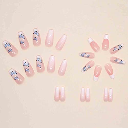 Foccna 24pcs French Tip Press on Nails Long Pink Fake Nails Coffin Glossy White False Nail Tips Artificial Finger Manicure for Women and Girls - Image 2