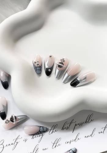 24 Pcs Y2K Press on Nails Medium Almond French Tip Fake Nails Full Cover False Nails with Stars Designs Glossy Glitter Acylic Nails with Planet Rhinestones Artificial Nails for Girls Women - Image 6