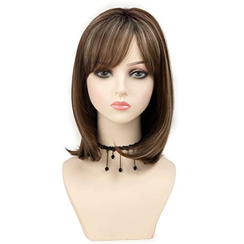 TISHINING 14 Inch Short Ombre Brown and Blonde Bob Wig with Bangs for Women - Image 3