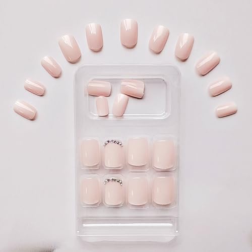 24 Pcs/Set Ombre Pink Press on Nails Short Square - SHANRUN Spring Rhinestones Fake Nails French Glossy Gel X Nail Tips Full Cover Acrylic Nails Press ons with Nail File Stick Jelly Glue on Nails Kit - Image 3