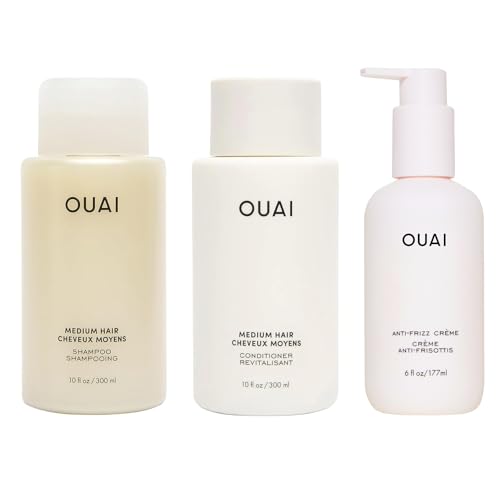 OUAI Anti Frizz for Medium Hair Bundle - Includes Anti-Frizz Crème + Medium Hair Shampoo and Conditioner Set (3 Count, 6 Oz/ 10 Oz/ 10 Oz)