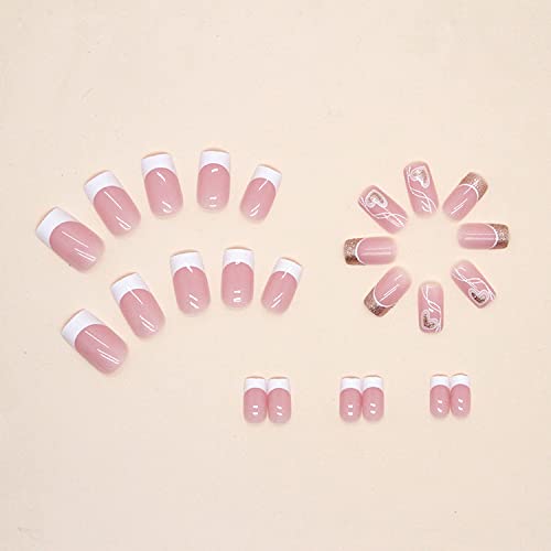 24 Piece Pink Glitter Heart French Tip Press-On Nails for Effortless Nail Art - Image 2