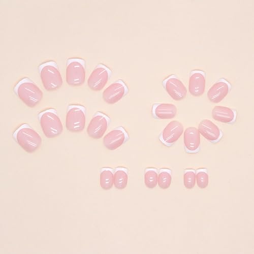 24Pcs White French Tip Press on Nails Short Square Glossy Pink Fake Nails with Glue on Nails Reusable Full Cover Stick on Nails Acrylic Artificial Nails for Women Daily Wear DIY Nails Art Decoration - Image 2