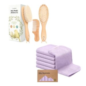 Keababies Soft Goat Bristle Baby Hair Brush Comb Set with Washcloths Bundle