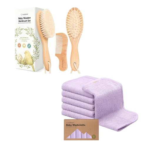 Keababies Soft Goat Bristle Baby Hair Brush Comb Set with Washcloths Bundle