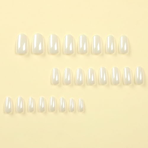 MISUD Press on Nails Medium Round Fake Nails Chrome Acrylic Nails Glossy Glue on Nails Bling White Aurora Oval Artificial Nails Pearl Flash False Nails with Laser Design 24 pcs - Image 4