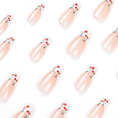 White French Tip Press on Nails Medium Almond - WLGDLH Fake Nails Pink False Nails Press ons Full Cover Nail Tips with Cherry Design Acrylic Nail Kit Stick on Nails for Women 24 Pcs - Image 3