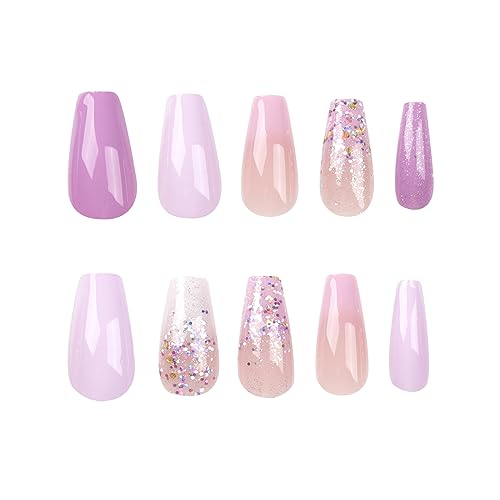 Coffin Press on Nails Light Purple Fake Nails Medium Length Fake Nails Purple Full Cover Acrylic Nails with Gradient Glitter Designs Glue on Nails Glossy Artificial Nails Stick on Nails for Women - Image 6