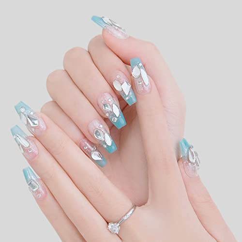 Press on Nails Medium,Handmade Nails Glitter Coffin Press on Nails with White Rhinestones, Reusable Acrylic Square Fake Nails for Women and Girls, Designed by Professional Manicurist (10 PC)