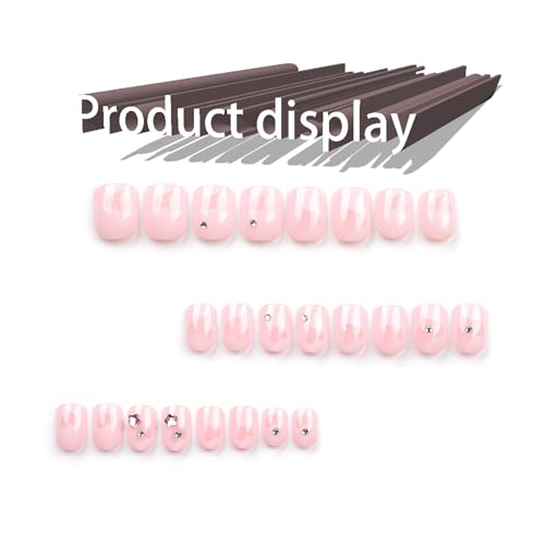 24 Pcs Valentine's Day Press on Nails, 3D Rhinestones Full Cover Acrylic Nails Glossy Pink Fake Nails with Love Heart Designs, Short Coffin Shape False Nails with Glue Stick on Artificial Fingernails - Image 3