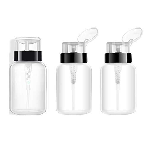 3Pcs 200ml/6.8oz Push Down Empty Lockable Pump Dispenser Bottle for Nail Polish and Makeup Remover Facial Toner Portable Travel Refillable Plastic Clear Cosmetic Container with Black Flip Top Cap