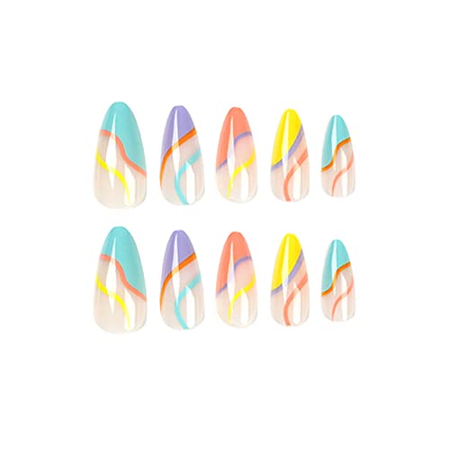 DOUBNINE 24PCS Press on Nails Medium Almond Rainbow Swirl French Tip Line Glossy Ballerina Fake Nails Acrylic Full Cover Luxury False Nails for Women - Image 4