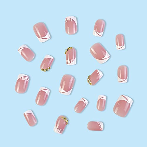 French Tip Fake Nails Short Square Press on Nails Cute Pink Glue on Nails with Rhinestones Designs Short French Acrylic Nails White Nail Tip Artificial Nails for Women Girls Nail Art Decorations - Image 3