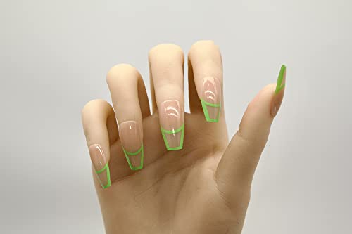 Press On Nails-Lime Fantasticlady,summer Medium,Coffin,Green Wavy Design,Green Swirls,Ballerina,Acrylic,Full Cover Glossy Reusable False Nails for Women & Girls 24pcs - Image 4