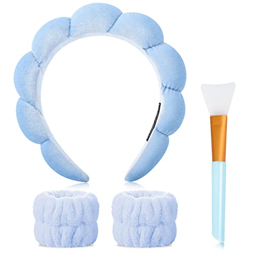 Sponge Spa Headband Wrist Washband Scrunchies Cuffs for Face Washing Set,Big Spa Hairband Towel Wash Wristbands Mask Brush for Women Girls Makeup Hair Accessory(4 blue)