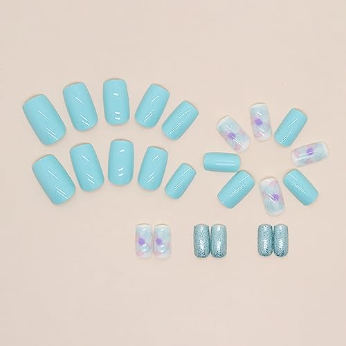 24Pcs Press on Nails Square Fake Nails Flower False Nails With Design Acrylic Glue on Nails Medium Length Blue Stick on Nails for Women and Girls - Image 3