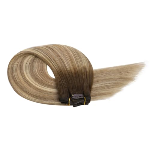 Ugeat 18 Inch Ombre Clip-In Human Hair Extensions Dark Brown to Ash Blonde Balayage 7pc Set 120g - Image 9