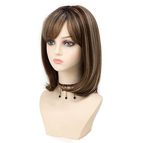 TISHINING 14 Inch Short Ombre Brown and Blonde Bob Wig with Bangs for Women - Image 2