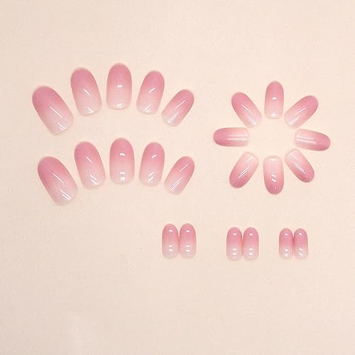 Sweet Pink Gradient Medium Oval Glossy Reusable Press on Nails Set - Image 3