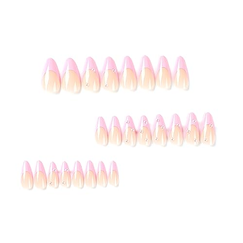 Almond Press on Nails Short White Nails Pearl Acrylic False Nails with Designs Cute Artificial Fake Nails Reusable Glue on Nails Pink Artificial Stick on Nails for Women Girls - Image 4