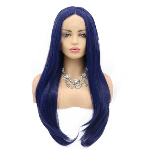 Blue Lace Front Wigs for Fashion Women Long Straight Navy Blue Synthetic Lace Front Wigs Pre Plucked Natural Hairline Heat Resistant Fiber Hair Wig Glueless Synthetic Lace Wig 22 Inch Cosplay - Image 3