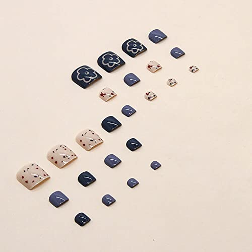 French Tips Press On Toenails Short Square, Full Cover Reusable Toe Nails Tips with Glue, Stick On Toenails with Flower Designs, Artificial Acrylic Nails Summer Blue False Toe Static Nails for Women - Image 3