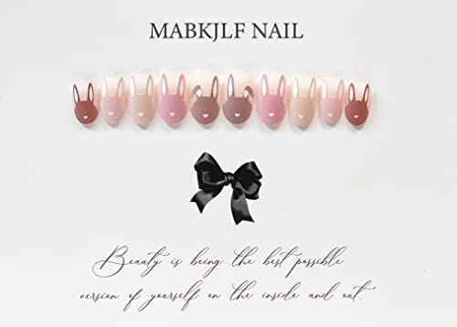 Easter Press on Nails Medium French Tip Almond Fake Nails Nude Pink Full Cover False Nails with Bunny Designs Cute Matte Acrylic Nails Artificial Nails for Girls Women 24 Pcs - Image 4