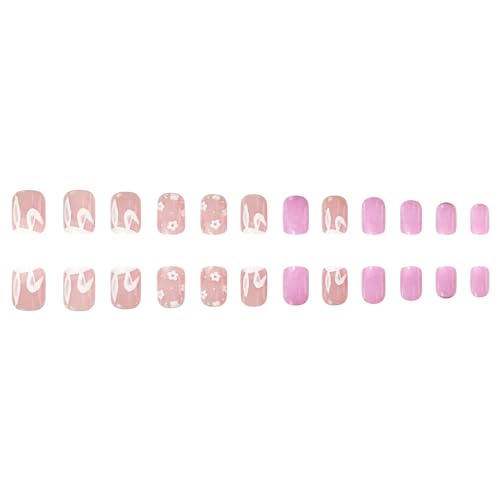 Easter Nails Press on Nails Short Square Fake Nails with Designs Pink Cute Bunny Flower Full Cover Acrylic Artificial Spring False Nails Summer Glue on Nails for Women and Girls 24Pcs - Image 4