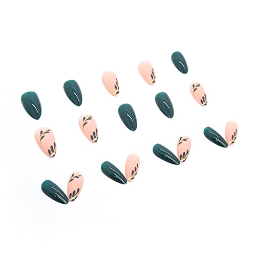 Press on Nails Almond Fake Nails with Stick on Nails Full Cover Dark Green Leaf Design Medium False Nails Summer Artificial Acrylic Nails for Women Girls Press on Nail Kit 24Pcs - Image 4
