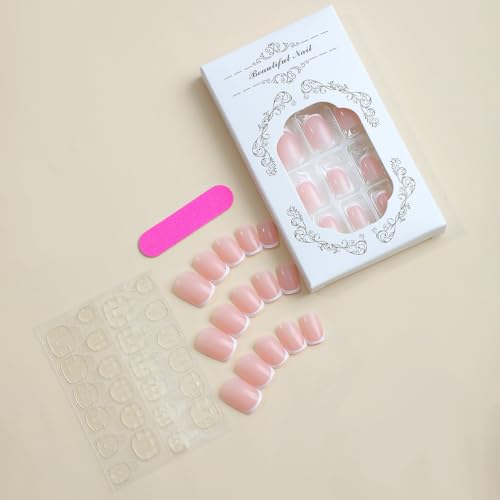 Press on Nails Short White French Tip Press on Nails Square Shape Fake Nails Glossy Pink Glue on Nails with White Tips Designs Cute Square French Stick on Nails Short for Women, 24Pcs - Image 5