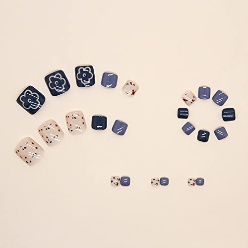 French Tips Press On Toenails Short Square, Full Cover Reusable Toe Nails Tips with Glue, Stick On Toenails with Flower Designs, Artificial Acrylic Nails Summer Blue False Toe Static Nails for Women - Image 2