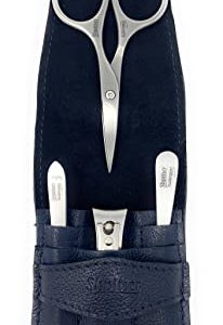 Manicure and Pedicure Set of 4 Surgical Stainless Steel Instruments, Made in Solingen, Germany, Luxury Topinox Grooming Kit In Full Grain Nappa Leather Case (Navy Blue)