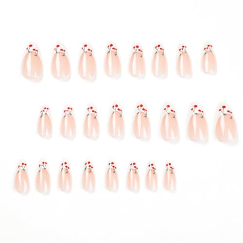 White French Tip Press on Nails Medium Almond - WLGDLH Fake Nails Pink False Nails Press ons Full Cover Nail Tips with Cherry Design Acrylic Nail Kit Stick on Nails for Women 24 Pcs - Image 2