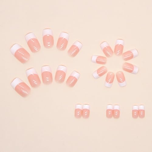 White French Tip Press on Nails Medium Square Fake Nails, Nails Press ons Nude False Nails with Designs Glossy Acrylic Artificial Nails Stick on Nails for Women 24Pcs - Image 4
