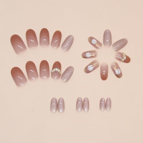 SHANRUN 24 Pcs Short Almond Oval Spring Rhinestone Cat Eye Flowers Glossy Gel-X Fake Nails Kit - Image 4