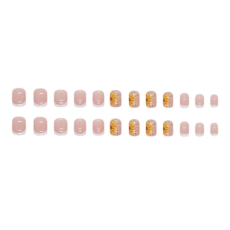 24Pcs Press on Nails Short Pink Fake Nails with Sunflower Spot Designs French Tip False Nails Square Artificial Nails Glossy Stick on Nails White Glue on Nails Cute Acrylic Nails for Women Manicure - Image 4