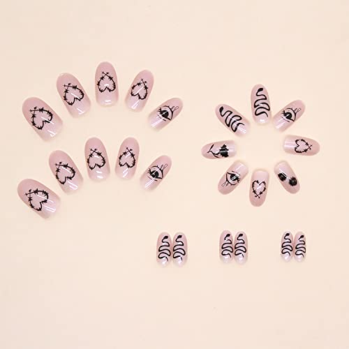 Short Almond Press On Nails Coffin Shape Full Cover Reusable False Nails Stick On Nails with Love Heart Eye Pattern Design Artificial Fingernails Acrylic Black Rose Fake Nails for Women Glue On Nails - Image 3