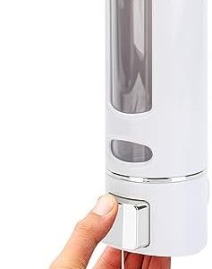 15oz Wall Mount Soap Dispenser - Manual Hand Shampoo and Shower Gel Dispenser for Bathroom and Kitchen - Lotion Container - Convenient and Stylish (White Shell, Silver Press)