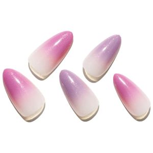 GLAMERMAID Purple Pink Ombre Press on Nails Short Almond, Gothic Pink Crush Nails Medium, Short Nude Glue on Nails Oval Stick on Fake Nails Gel Set, Glitter Acrylic Stiletto False Nail Kit for Women