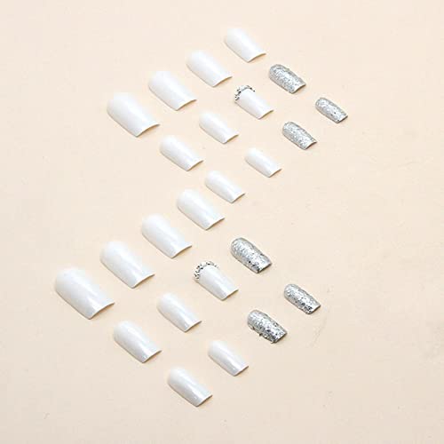 YOSOMK Luxury White Press on Nails Short Fake Nails with Silver Glitter Designs Glossy Acrylic Stick on Nails for Women and Girls - Image 3