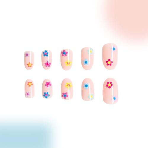 Spring Flowers Press on Nails Short Oval Glue on Nails with Colored Flowers Design Fake Nails Short False Nails Acrylic Nails Natural Full Cover Stick on Nail for Women Coffin Artificial Nails 24Pcs - Image 5