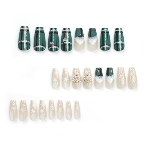 Christmas Press on Nails Square Medium 24Pcs Green Christmas Fake Nails Sets Glossy Full Cover Acrylic Xmas Winter False Nails with Gold Snowflake Gems Designs Holiday False Glue Fingernails - Image 2
